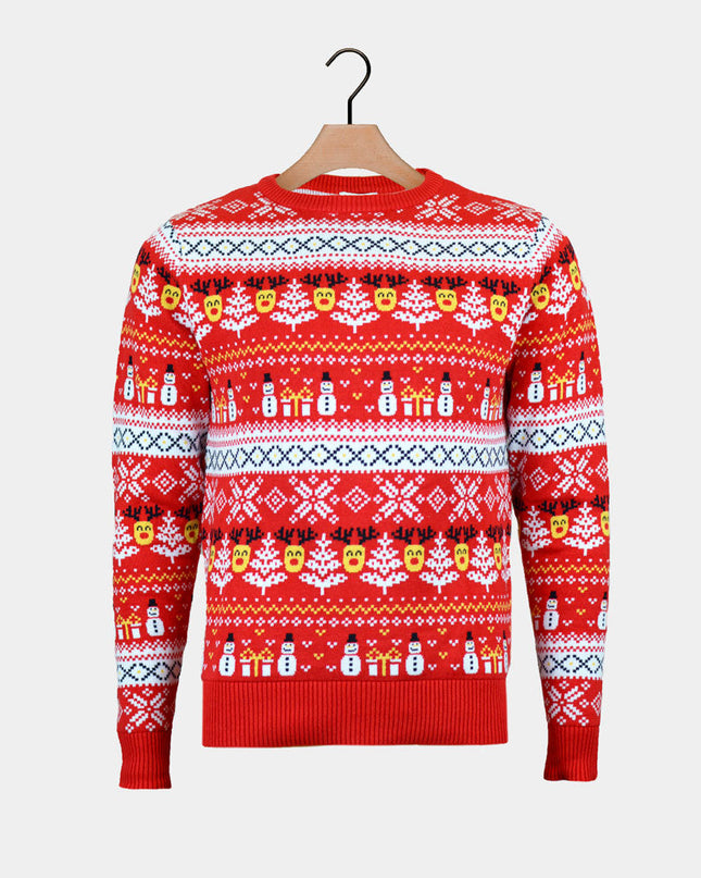 Women's Red Christmas Sweater with Snowmen and Christmas Trees