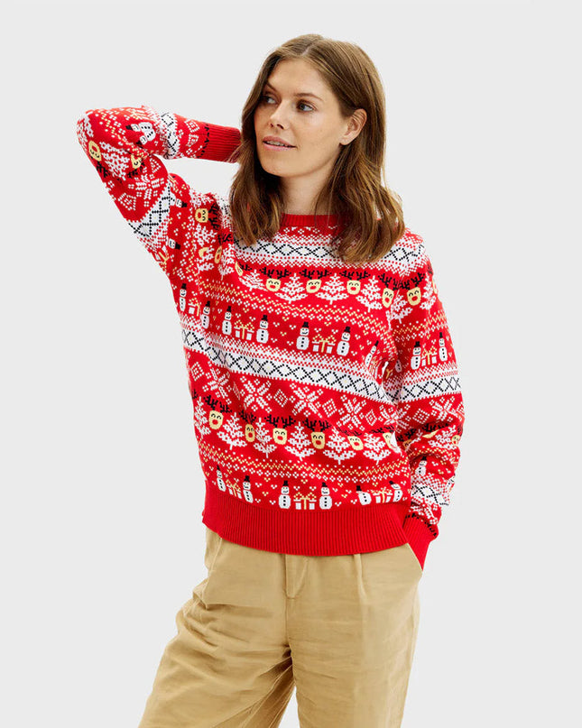 Women's Red Christmas Sweater with Snowmen and Christmas Trees