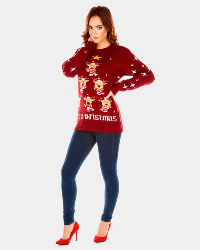 Women's Garnet Reindeer, Christmas Tree, and Stars Sweater