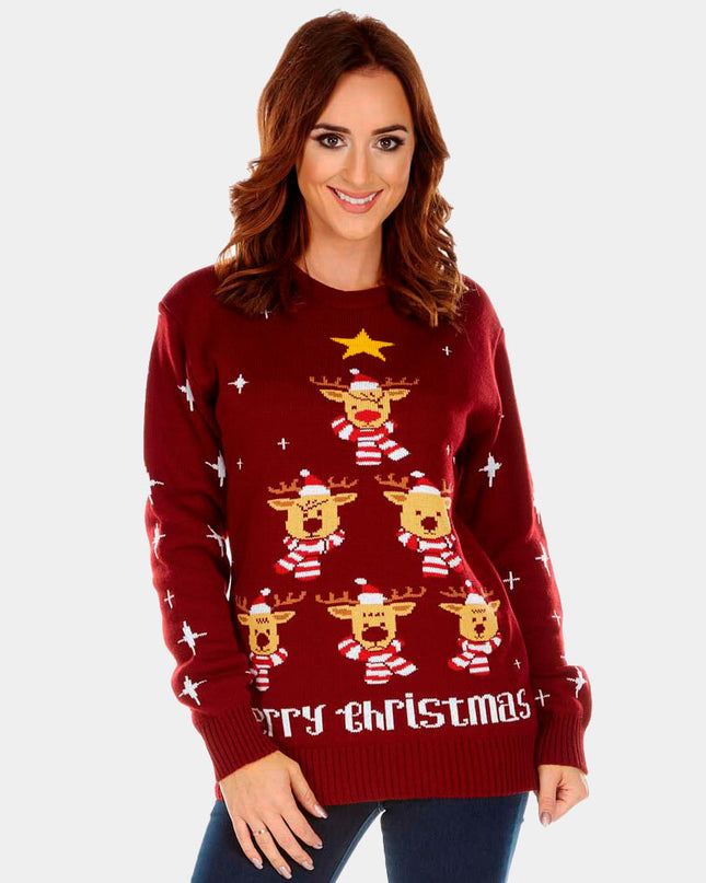 Women's Garnet Reindeer, Christmas Tree, and Stars Sweater