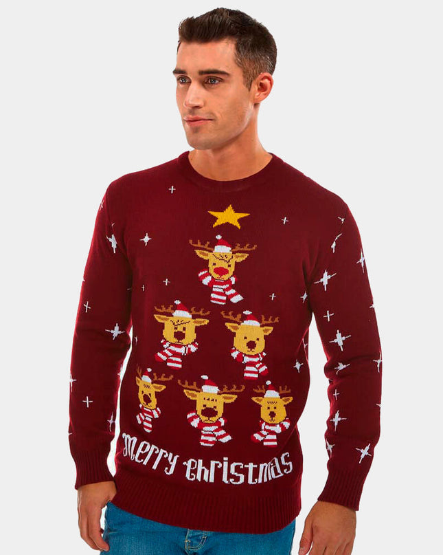 Garnet Christmas Sweater for Men with Reindeer and Tree