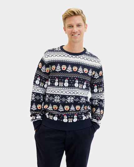 Men's Blue Sweater with Snowmen and Trees