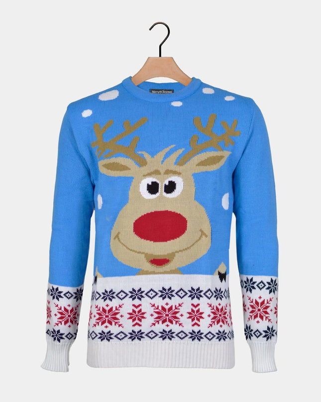 Sky Blue Christmas Sweater for Men with Reindeer and Snow