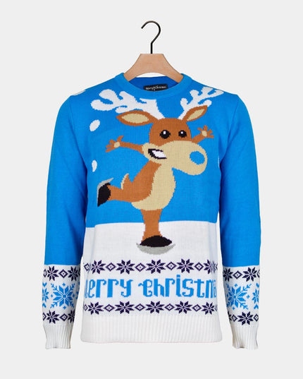 Sky Blue Christmas Sweater for Men with Skating Reindeer