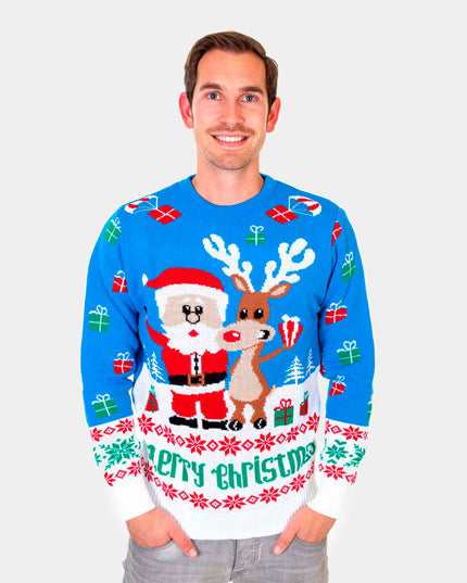 Jersey de Navidad para Hombres Azul Cielo con Rudolph y Santa Claus