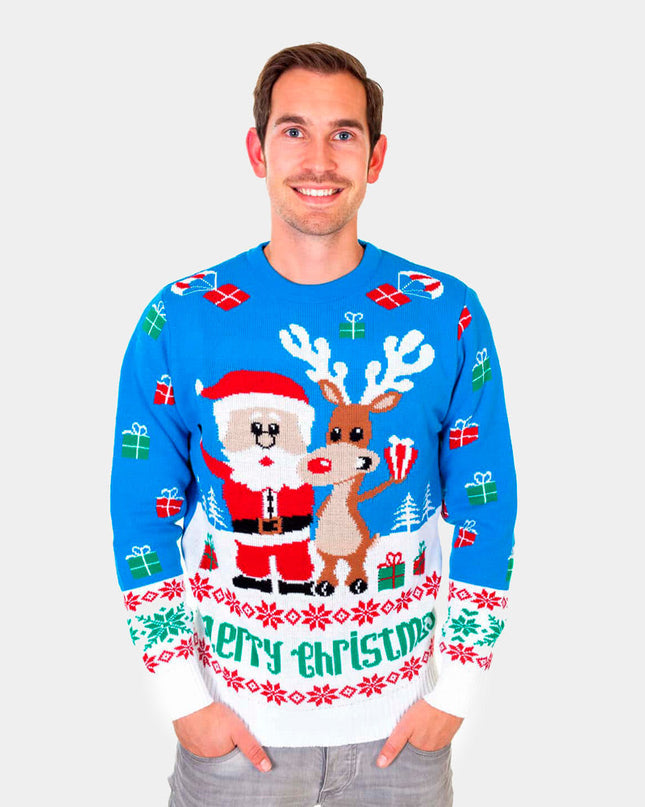 Jersey de Navidad para Hombres Azul Cielo con Rudolph y Santa Claus