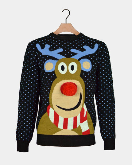 3D Blue Christmas Sweater for Men with Red-Nosed Reindeer