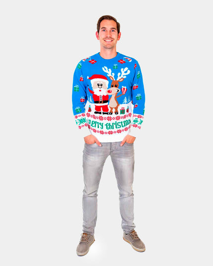 Jersey de Navidad para Hombres Azul Cielo con Rudolph y Santa Claus