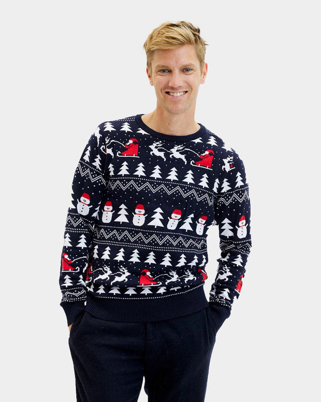 Men's Blue Sweater with Trees, Snowmen, and Santa