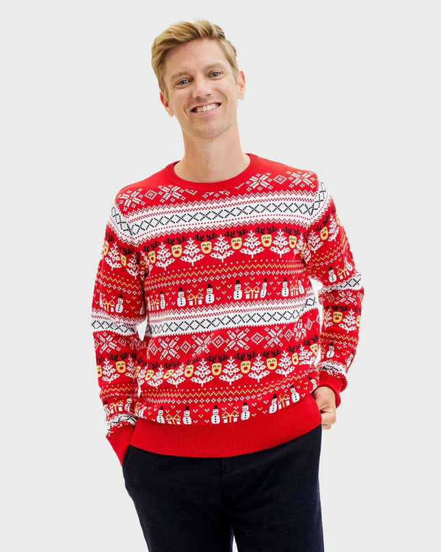 Organic Cotton Red Christmas Sweater for Men with Snowmen
