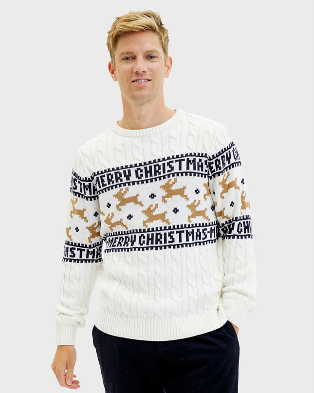 Men's Chic White Organic Cotton Reindeer Sweater