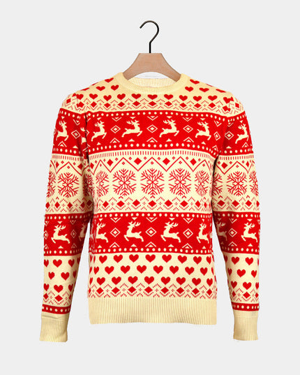 Jersey de Navidad de algodón orgánico para hombres con corazones rojos sobre beige