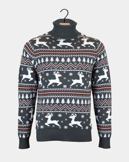 Men's Organic Cotton Grey Roll Neck Reindeer Sweater