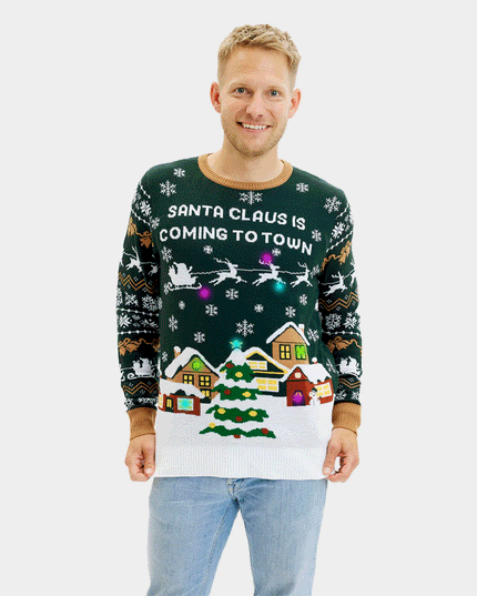 Lysende LED "Julemanden Kommer Til Byen" Par Christmas Sweater