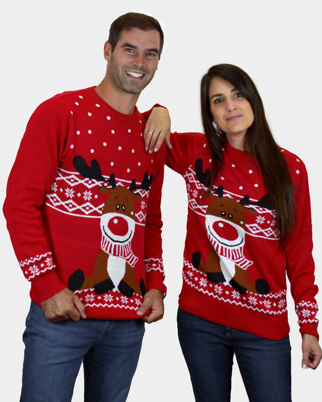 Jersey de Navidad Rojo para Hombres con Bufanda de Rudolph