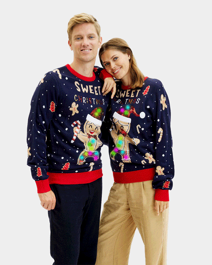 Luminous LED blå julesweater med ingefærkage