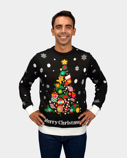 Men's LED Black Christmas Sweater with Tree