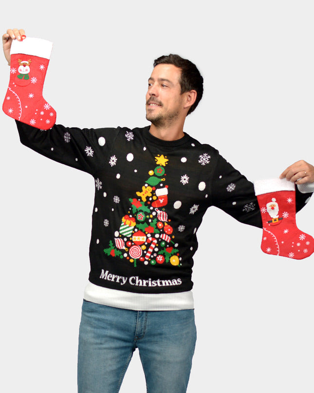 Jersey de Navidad para hombres negro con diseño de árbol de Navidad