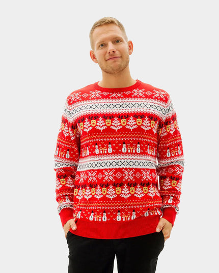 Organic Cotton Red Christmas Sweater for Men with Snowmen and Trees