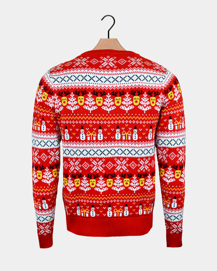 Organic Cotton Red Christmas Sweater for Men with Snowmen and Trees