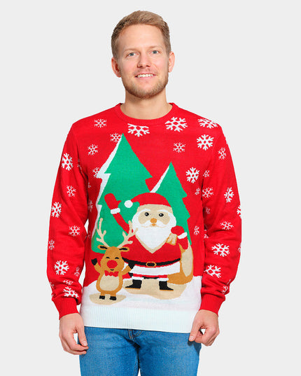 Women's Red Christmas Sweater with Santa and Reindeer