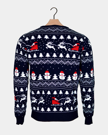 Men's Blue Sweater with Trees, Snowmen, and Santa