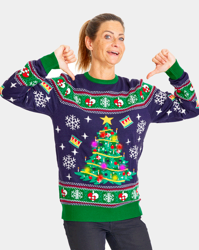 Women's Blue LED Christmas Sweater with Christmas Tree