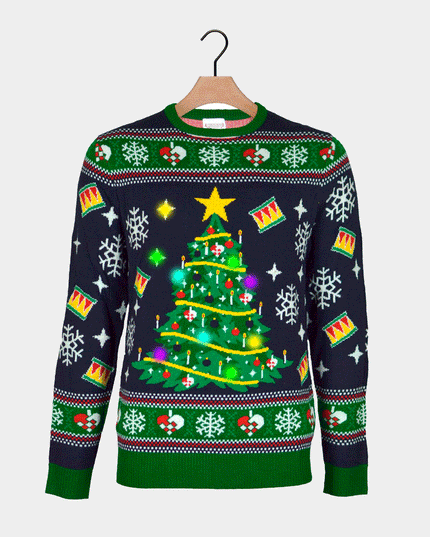 LED Christmas Sweater for Family with Blue Christmas Tree