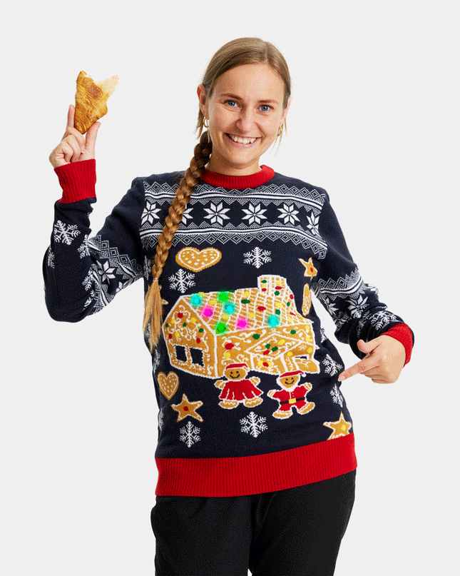 Kids Christmas Sweater LED Light-Up Gingerbread House