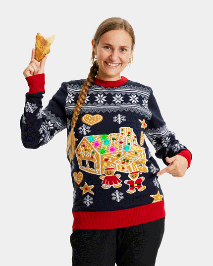 Women's LED Light Up Christmas Sweater with Gingerbread House