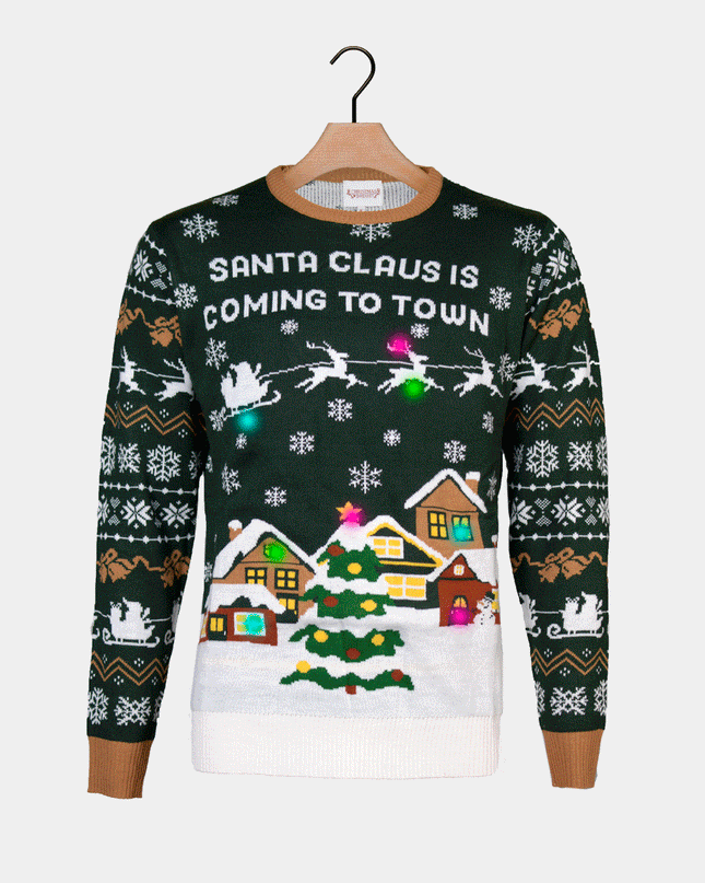 LED "Santa is Coming to Town" Couples Christmas Sweater