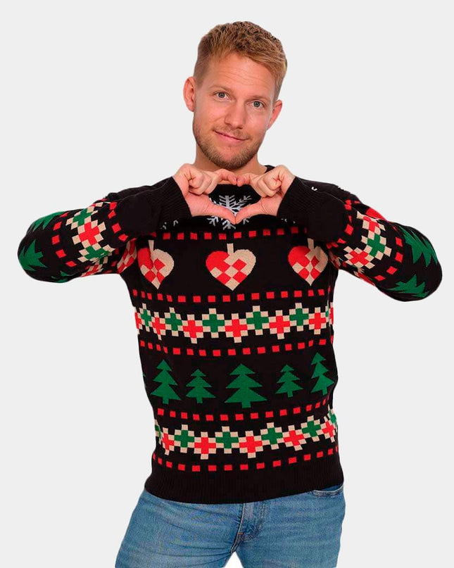 Black Christmas Sweater with Snow, Hearts, and Trees
