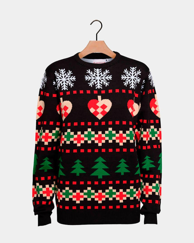 Black Christmas Sweater with Snow, Hearts, and Trees
