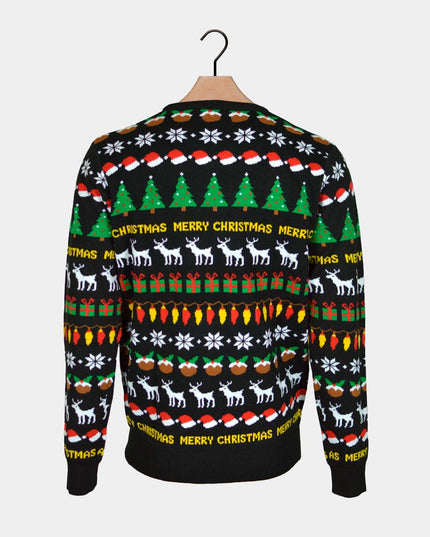 Women's Black Sweater with Trees, Reindeer, and Gifts