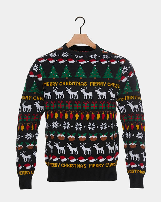 Black Family Christmas Sweater with Trees, Reindeer, and Gifts