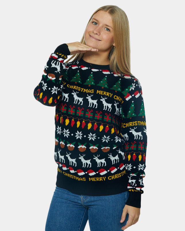 Black Family Christmas Sweater with Trees, Reindeer, and Gifts