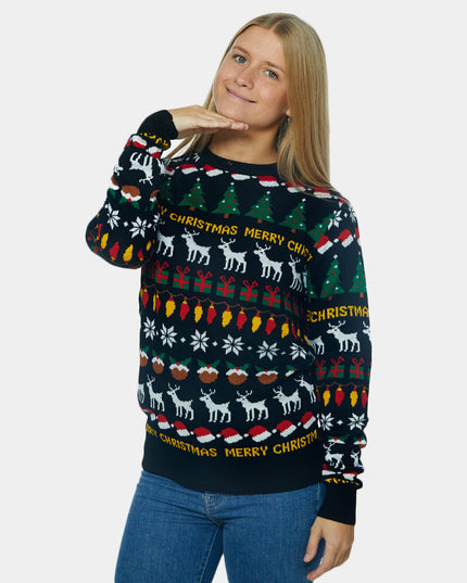 Black Christmas Sweater for Men with Trees, Reindeer, and Gifts