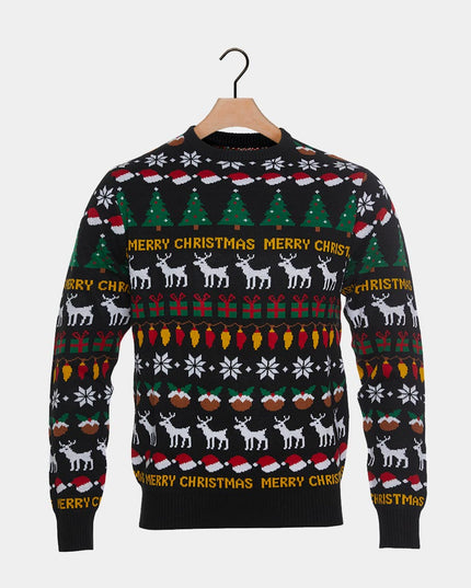 Black Christmas Sweater for Men with Trees and Gifts