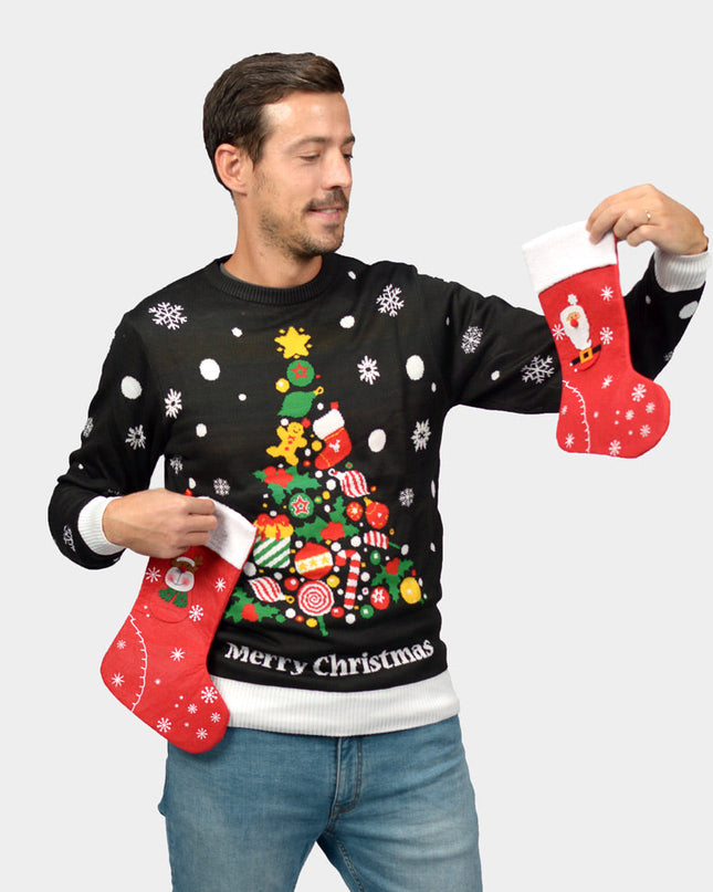 Black Christmas Sweater for Men with Christmas Tree
