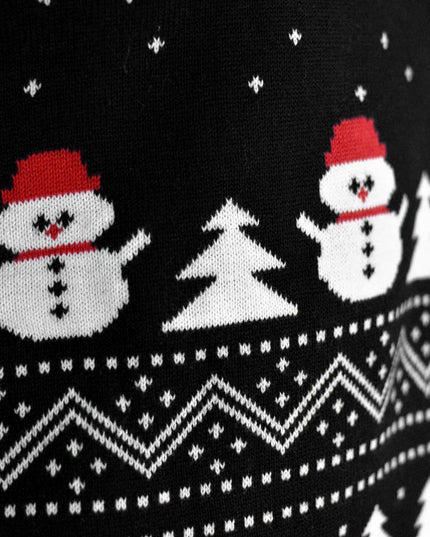 Suéter Navideño Negro para Mujeres con Árboles y Muñecos de Nieve