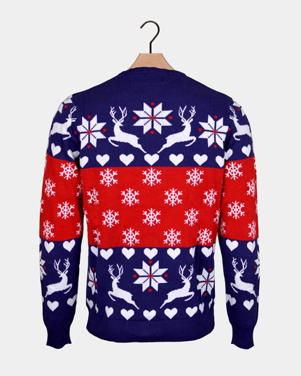 Blue and Red Family Christmas Sweater with Reindeer and Hearts