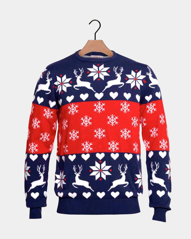 Women's Blue and Red Reindeer and Hearts Christmas Sweater