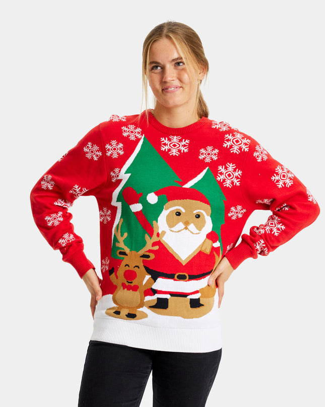 Women's Red Christmas Sweater Featuring Santa and Saluting Reindeer