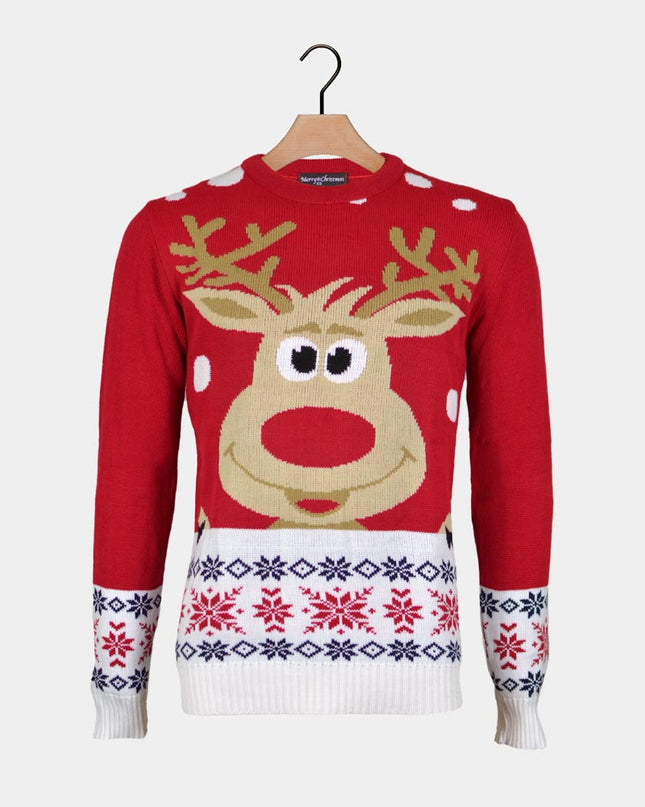 Women's Red Sweater with Reindeer and Snow