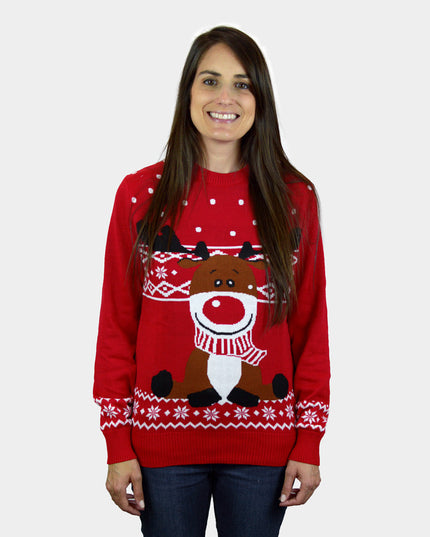 Jersey Rojo de Navidad para Mujeres con Bufanda de Rudolph el Reno