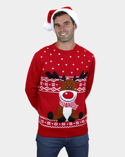 Jersey de Navidad Rojo para Hombres con Bufanda de Rudolph