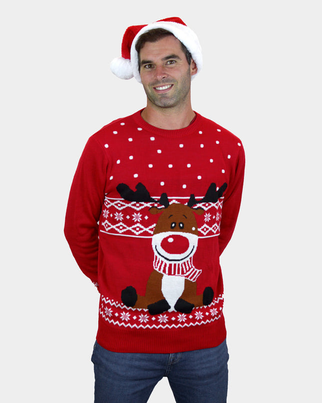 Jersey de Navidad Rojo para Hombres con Bufanda de Rudolph