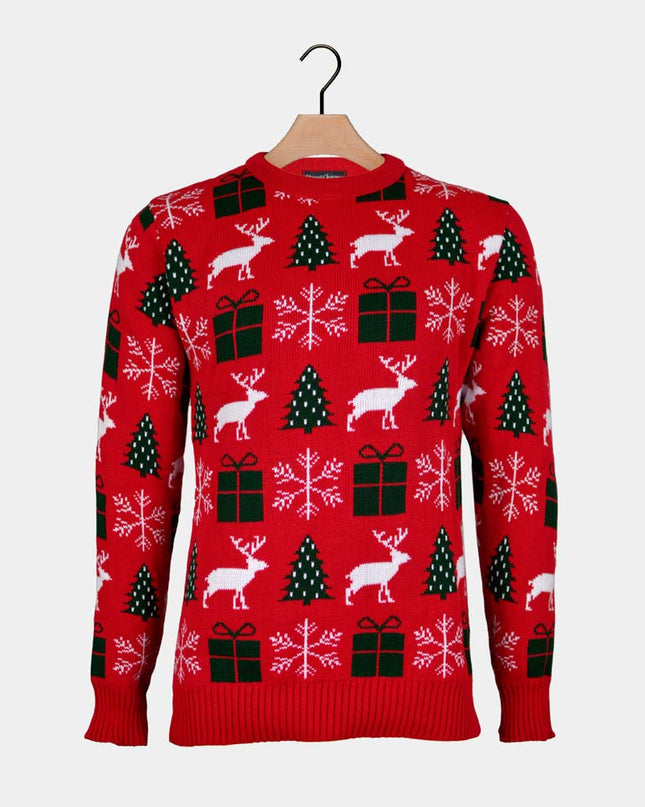 Red Christmas Sweater with Reindeer, Gifts, and Trees