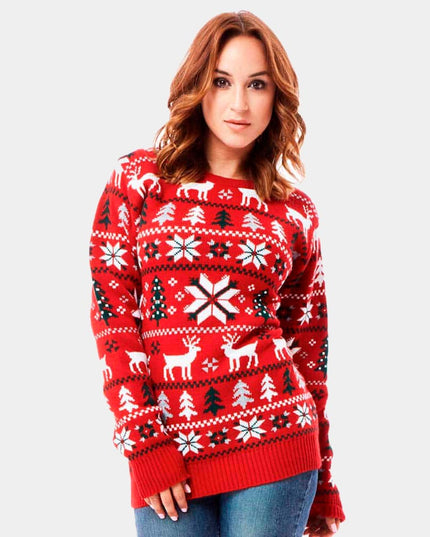 Red Christmas Sweater with Reindeer, Trees, and Polar Stars 2023