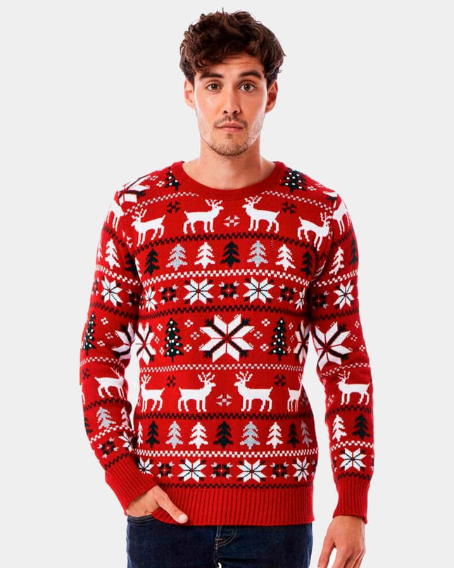 Red Christmas Sweater with Reindeer, Trees, and Polar Stars 2023